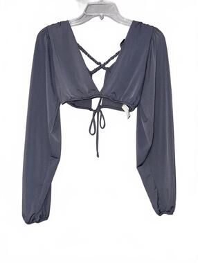 Forever 21 Gray Long Sleeve Crop Top with Deep V-Neck and Tie Front